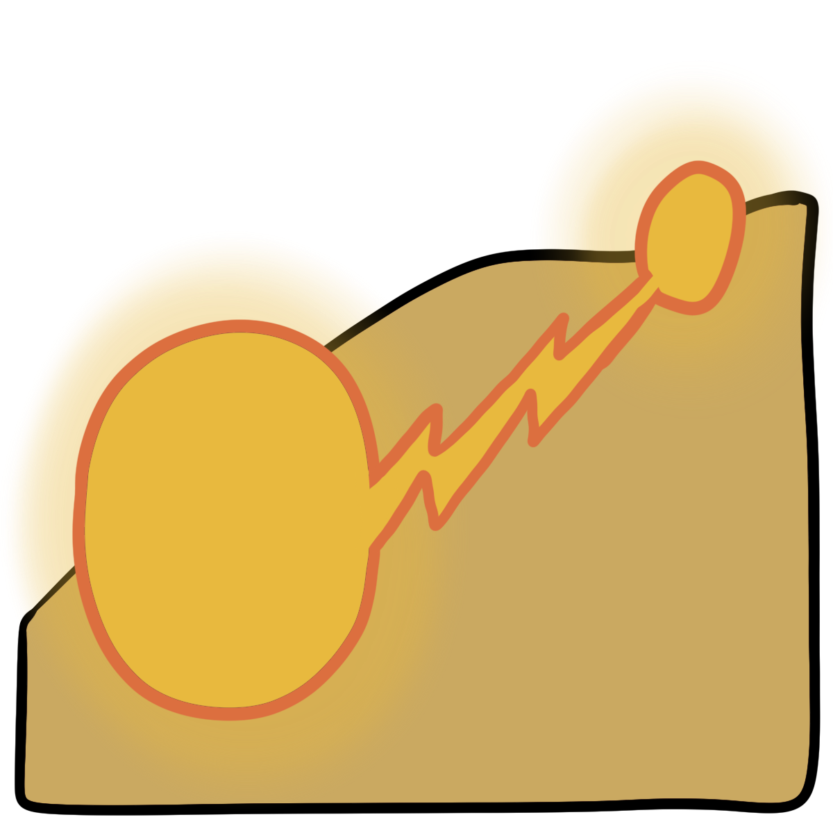 A glowing yellow oval connected by a jagged yellow line to a smaller yellow oval. Curved yellow skin fills the bottom half of the background.